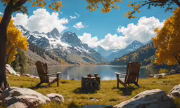 two wooden chairs are in a grass field by some water