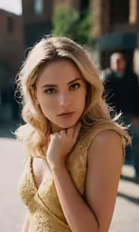 woman in golden dress posing for photograph