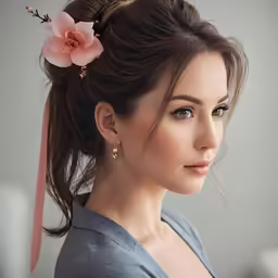 a close up of a woman with blue eyes and a hair piece