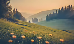 a meadow with flowers in it and mountains and trees