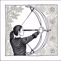 an illustration of an asian woman aiming at the target,a black and white drawing of a person in a defensive stance with an arrow