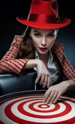 a woman wearing a red hat sitting at a table