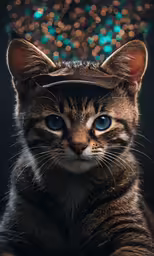 a brown tabby cat is wearing a hat