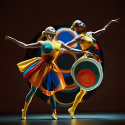 two dancers in front of circles on a black background