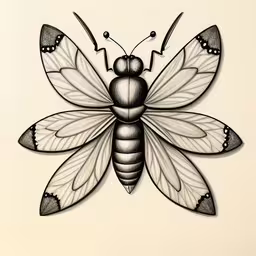 an insect made up of a butterfly wings,an illustration of a black and white bee on a white background