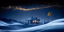 a lonely cabin sits in a snowy field with bright stars