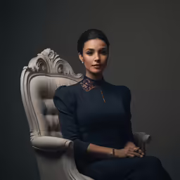 a woman sitting on a chair with her hand in her lap