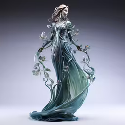 this is a green statue of a lady,a woman with a hat and long dress with flowers on it