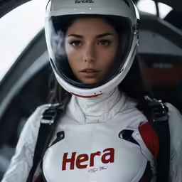 a woman in white jacket and helmet leaning on the window