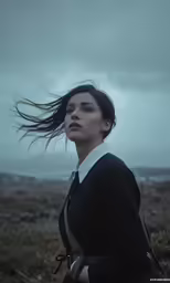 a woman with hair in wind by a field