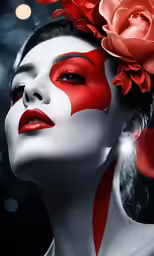 a woman with red makeup and roses in her hair