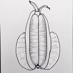 a black and white picture of a single white striped banana,a drawing of an eggplant on paper with one leaf in it