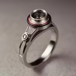 a silver ring with a red stripe and a small camera