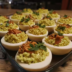a tray with deviled eggs filled with assorted food