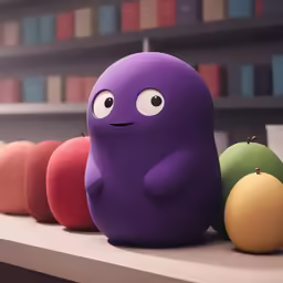 a close up of a stuffed animal near two eggs