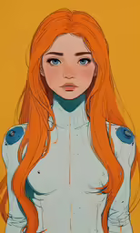 a woman with long red hair and blue eyes