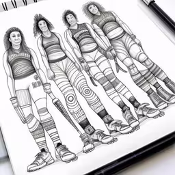 a pencil drawing of five young girls standing together,a drawing of four people with long legs,a drawing of women in roller blades,drawing of three girls from different perspective with their feet on roller blades,a drawing of different women with tights and shorts on