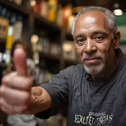 man giving thumbs up while standing in a restaurant