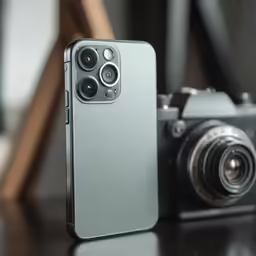 an iphone next to a camera on a black table
