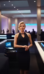 woman wearing black dress posing in front of display case