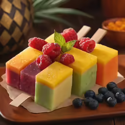 fresh fruit arranged in geometric cubes on a tray
