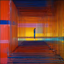 a person standing alone on a platform surrounded by orange and blue lines,an art piece depicting a person standing alone