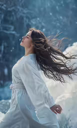 a woman with her hair in the air