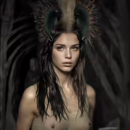 a nude woman with a big horns and feathery headpiece