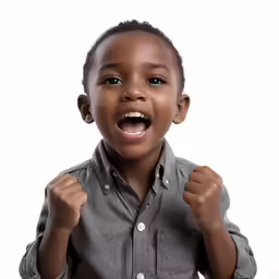 an excited little black boy holding up his fists