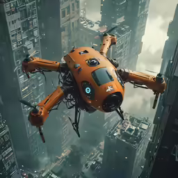 a giant orange robot floating over a city on top of buildings
