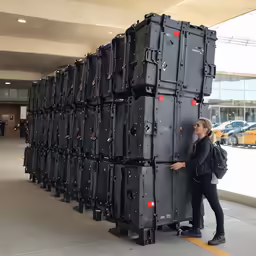 the lady is trying to figure out what type of suitcase she has in front of