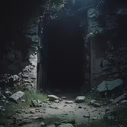 a dark tunnel with stones and plants in the background