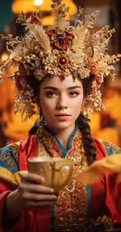 woman dressed in an elaborate costume with a cup in her hands