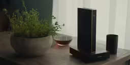 a table with a glass of wine, a plant, and some sort of speakers