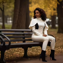 woman with dark hair sitting on a bench with her hands on her hips