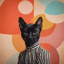 a black dog wearing a striped shirt and standing in front of colorful wall