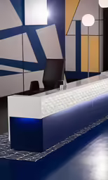 a room with white and blue accents, a blue desk, white chairs and windows