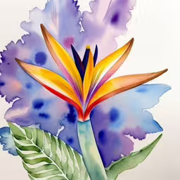 a large tropical plant with a colorful flower in it,painting of flowers and leaves in blue and purple colors