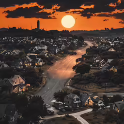 there is a sunset in the sky above houses