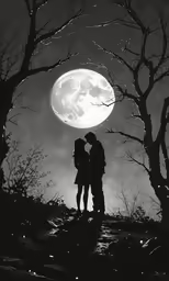 two people standing in the woods with a full moon behind them
