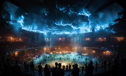 people watch a large, colorful show in an arena
