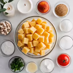 the ingredients to make this dessert include mango, cashews and powdered sugar
