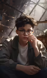 a young man wearing glasses sits outside in the sunlight