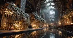 the building is filled with numerous objects and candles
