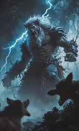 the beast man stands next to some wolf