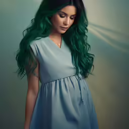 the woman with green hair is posing for a photo