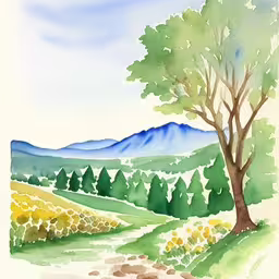 a drawing of a tree on the side of the road,this watercolor illustration shows a grassy landscape with mountains in the background,painting on paper of grassy hillside with tree and rolling hills,the painting shows the countryside with many trees,a painting of a dirt road in the countryside with mountains and trees