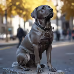 a dog on the side walk is looking upward
