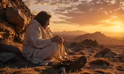 the jesus is sitting on top of a hill and praying