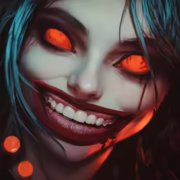 a person with orange eyes and makeup and teeth